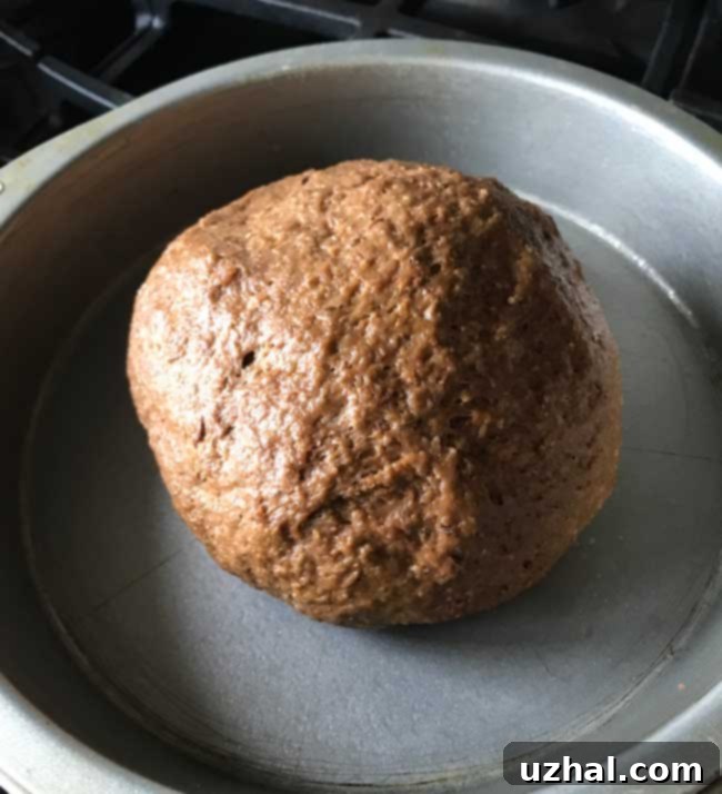 Russian Black Bread dough shaped into a round ball, ready for final proofing