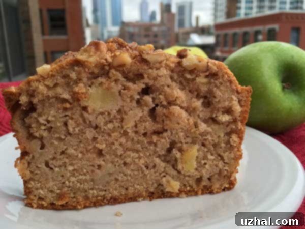 Cozy Autumn Cinnamon Apple Cider Loaf 3 A close-up of a sliced apple cider bread loaf, revealing its moist texture and apple chunks.