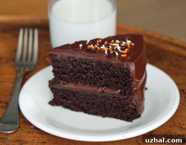 A stunning Classic Chocolate Layer Cake, beautifully frosted and topped with festive Halloween sprinkles, perfect for any celebration.