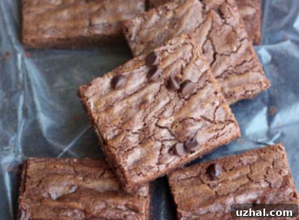 A close-up of chewy KitchenAid Mixer brownies, freshly baked and ready to be enjoyed. The top is slightly crinkled, indicating a perfect texture.