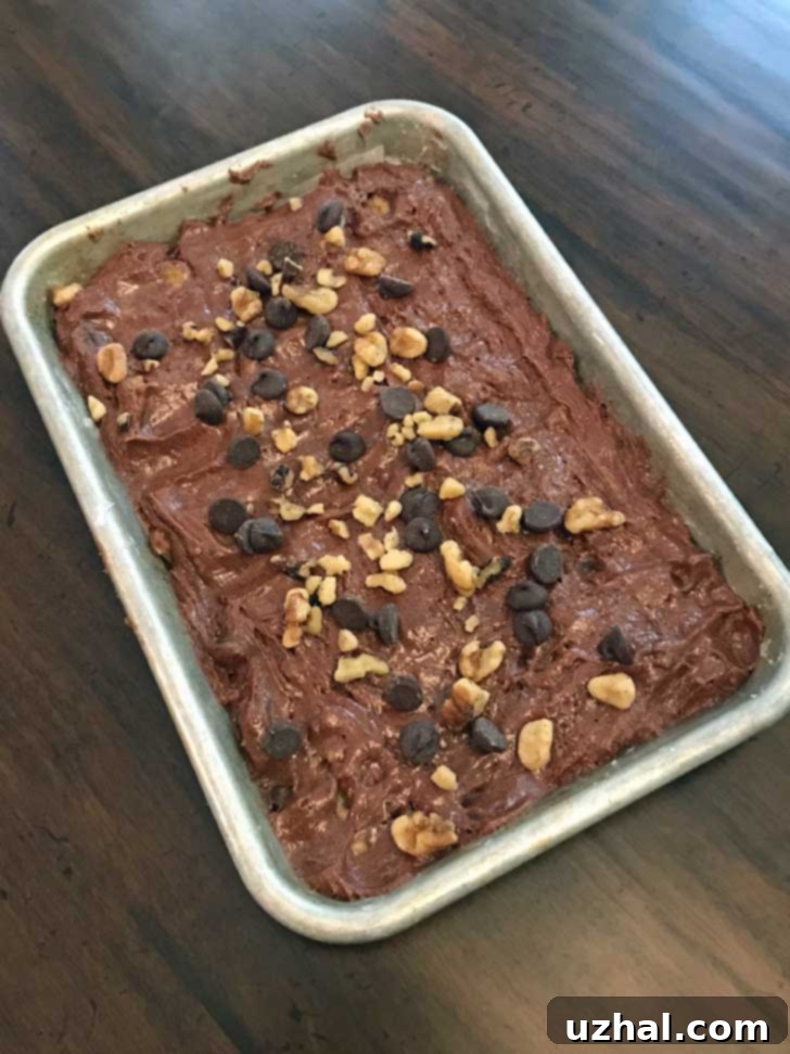 Raw brownie batter in a 1/8 sheet pan, ready for baking. The batter is thick and rich, promising a decadent outcome.