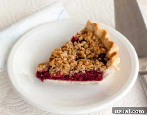 Cherry Crumb Pie made with jarred cherries or Morello. A slice is missing, showing the delicious filling and crust.