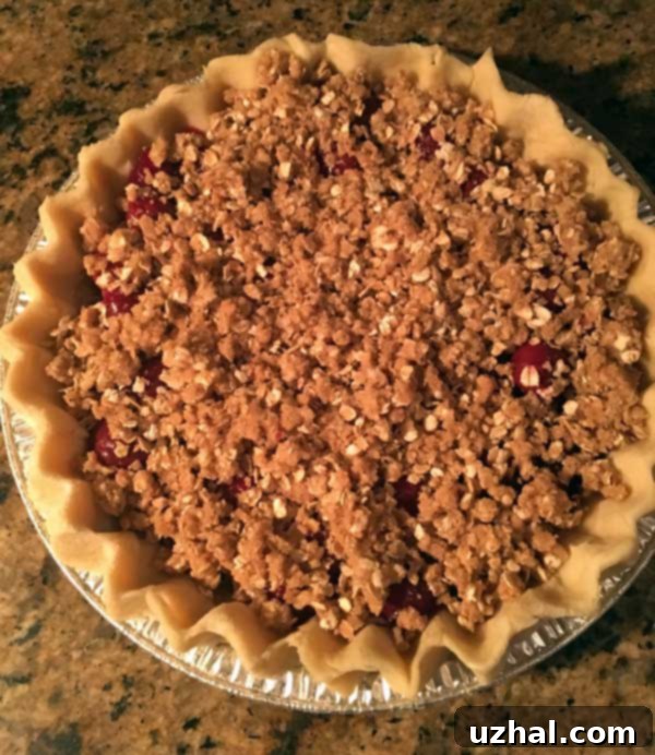 Unbaked Cherry Crumb Pie, ready for the oven with its filling and crumb topping.