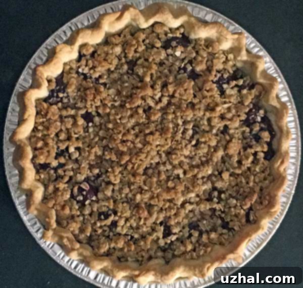 Baked cherry crumb pie, golden and ready to eat, with a beautiful crumb topping.