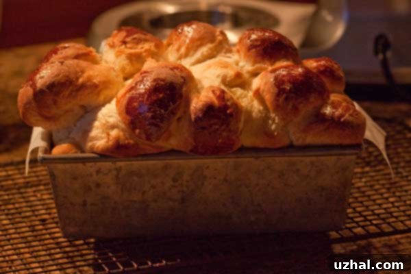 Challah bread baked in a loaf pan, showing a unique stacked pattern