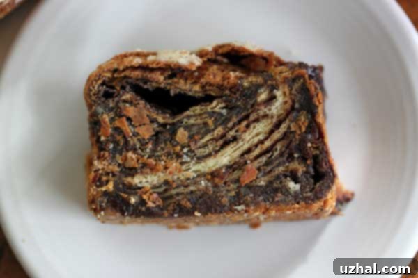 Cut Green's Babka, showing generous chocolate filling