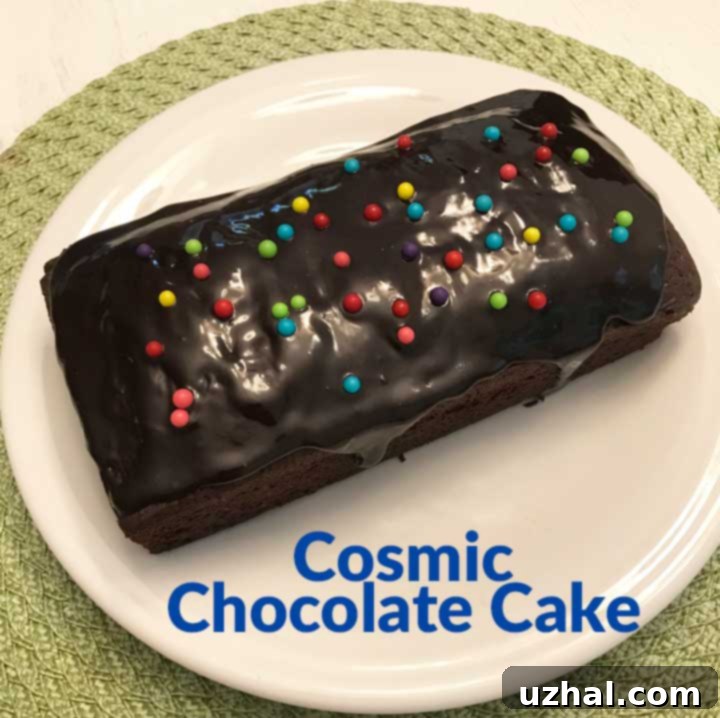 A slice of cosmic chocolate loaf cake with colorful sprinkles