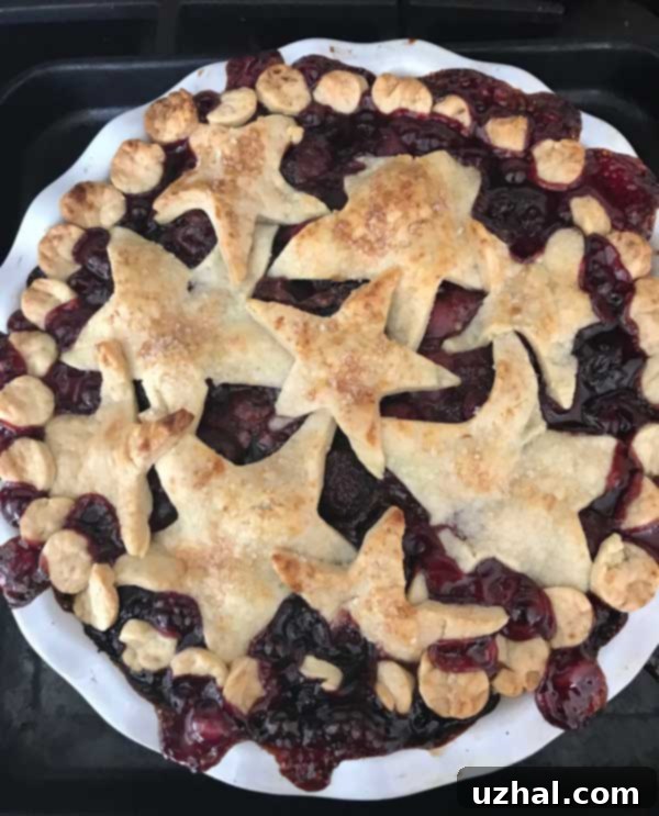 Close-up of a freshly baked double crust cherry pie