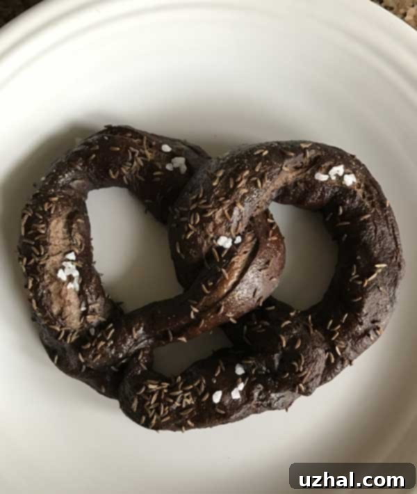 Pumpernickel pretzels freshly baked and ready to eat, showcasing their dark color and distinctive shape.