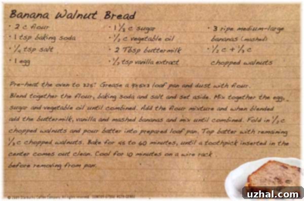 Copycat Banana Walnut Bread recipe card from Starbucks