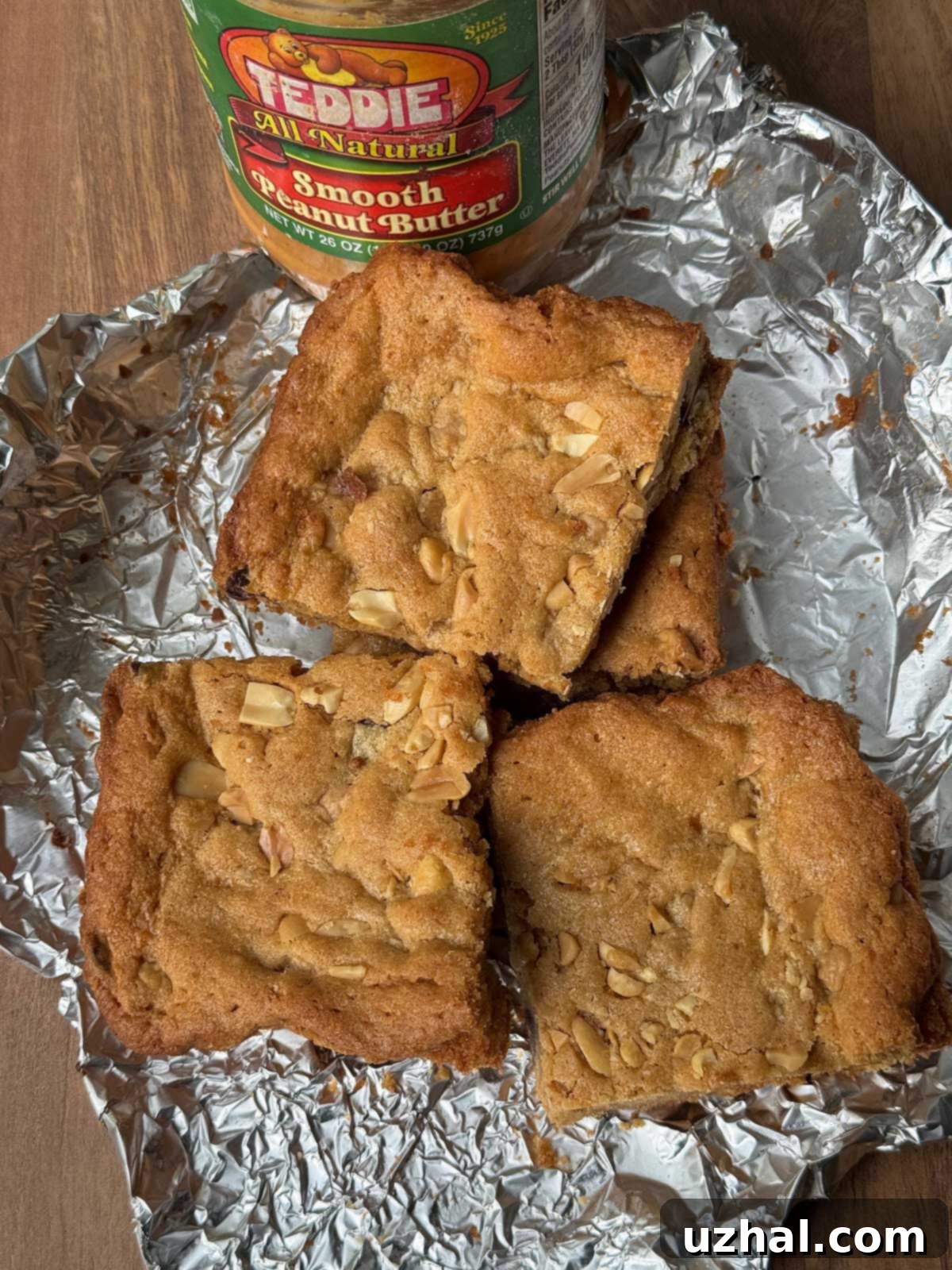 Redbook Peanut Butter Blondies Recipe with Teddie Peanut Butter, showcasing a rich, chewy texture.