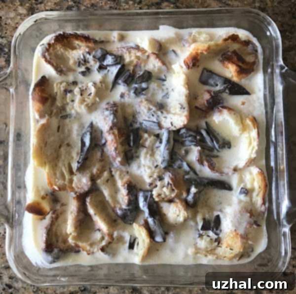 close up of croissant bread pudding custard