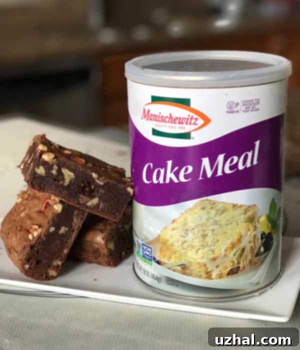 Rich, fudgy Passover brownies made with matzo cake meal, ready to be enjoyed.