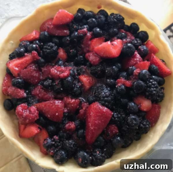 Delicious Homemade Four Berry Pie, golden crust with juicy berries peeking through