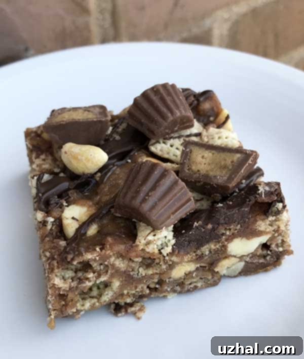 Delicious Chex Cereal Bars with chocolate drizzle and Reese's minis
