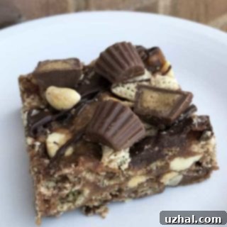Close-up of Chex Cereal Bars with melted chocolate and peanut butter candies