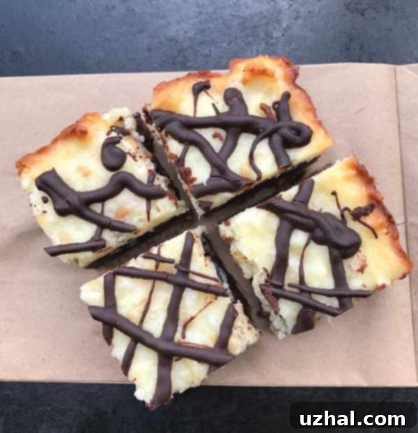 Close-up of Macaroon Brownies with a rich, dark chocolate base and creamy coconut topping