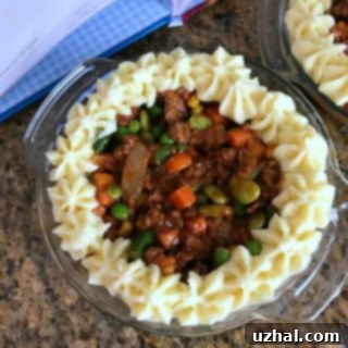 A close-up of a freshly baked Lost Shepherd's Pie, showing the golden potato topping and savory filling