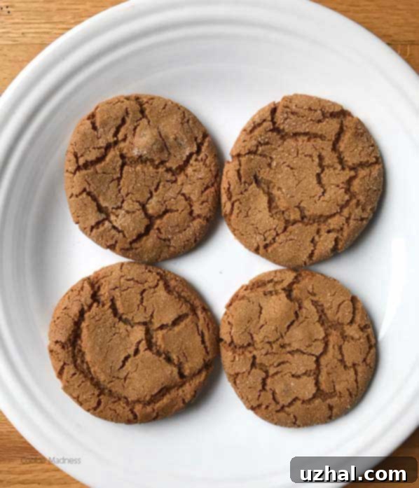 A plate of golden-brown canola oil ginger cookies, showcasing their inviting texture and uniform shape. These chewy ginger cookies are ideal for any occasion.