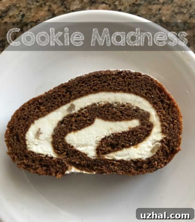 Close-up of a sliced gingerbread cake roll, showcasing the creamy filling and visible chunks of crystallized ginger