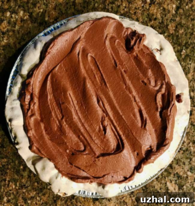 Chocolate Angel Pie filling being spread into a baked meringue crust.
