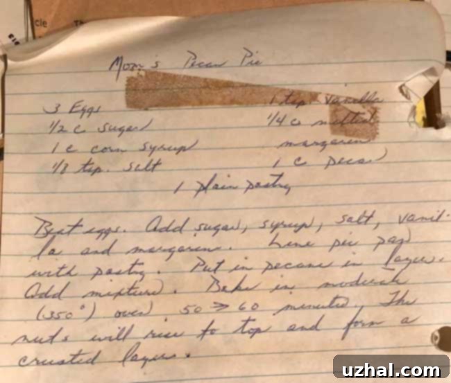 An old clipping of a handwritten recipe for Mom's Pecan Pie