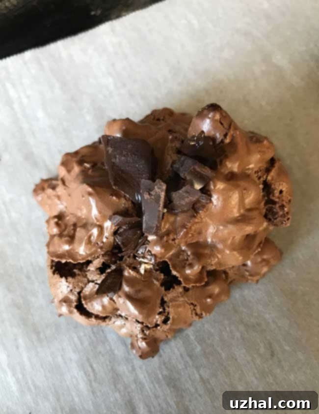 A single Pecan Crispies cookie on parchment paper, displaying a crispy, spread-out texture with visible pecan fragments