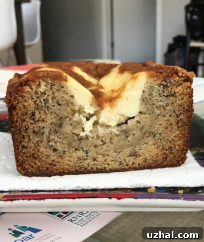 Close-up of Cream Cheese Swirl Banana Bread Showing Marbled Texture