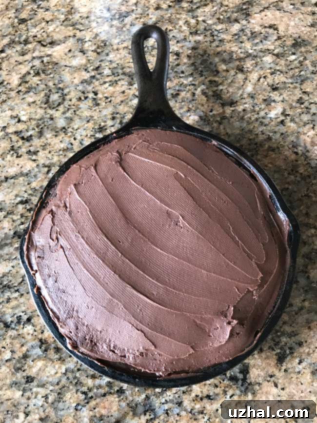 small cast iron skillet chocolate cake with chocolate ganache frosting