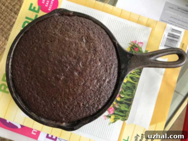small cast iron skillet cake with frosting being applied