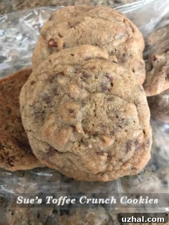A close-up of Sue's vintage recipe book, open to the Toffee Crunch Cookies page