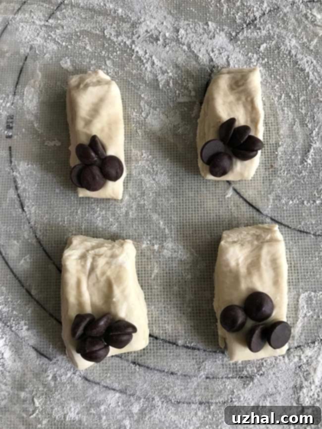 Prepared Pain au Chocolat with various chocolate fillings