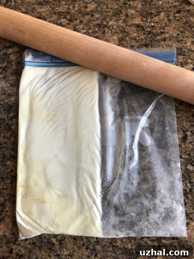 Flattening butter in a freezer bag for laminated dough