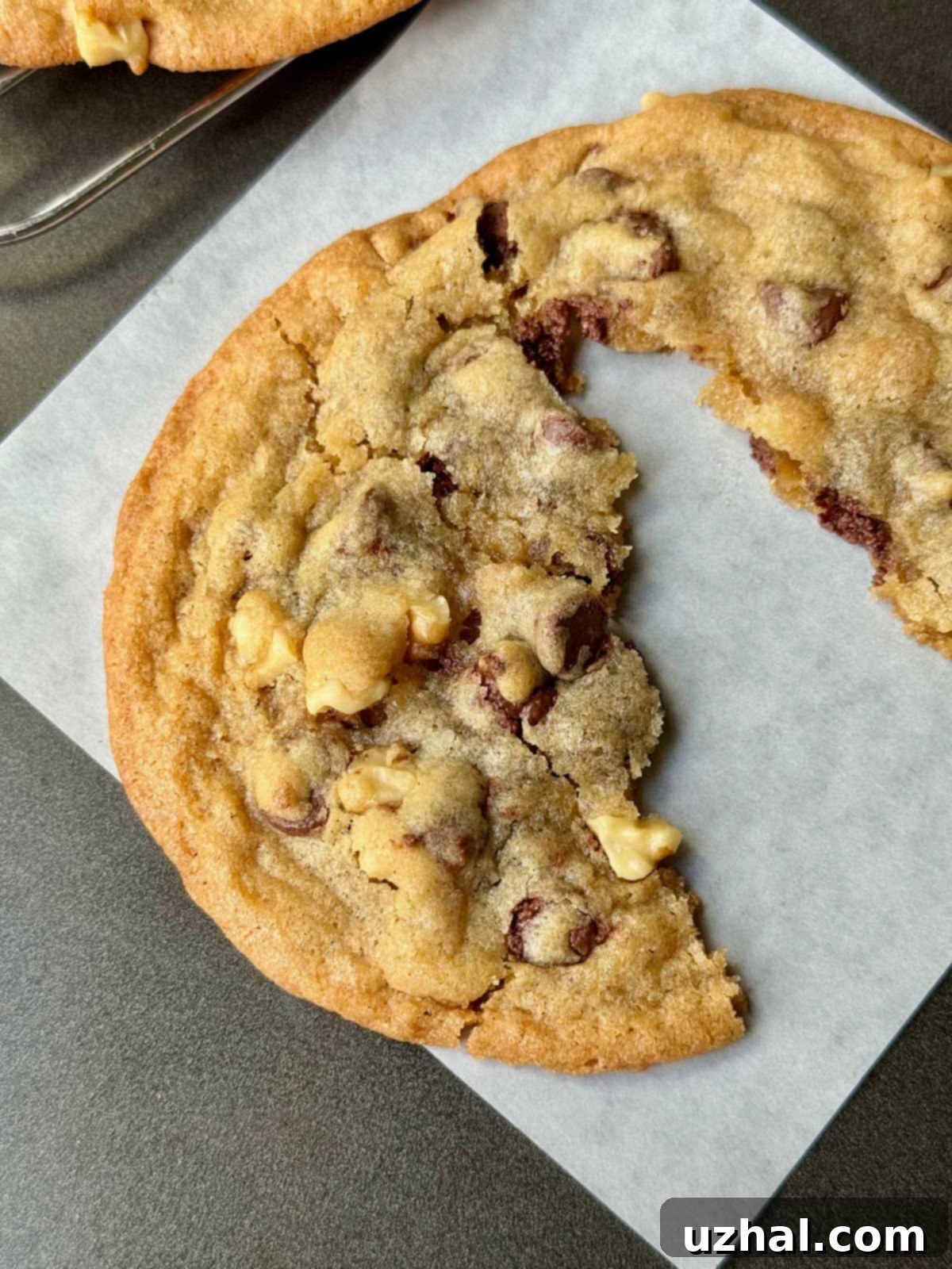 A big chewy cookie from the Blue Chip Cookies recipe broken to show how soft it is.