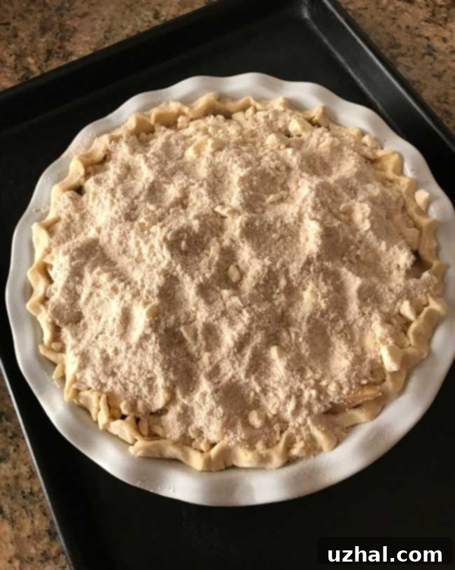 Unbaked pie with a crumb topping.