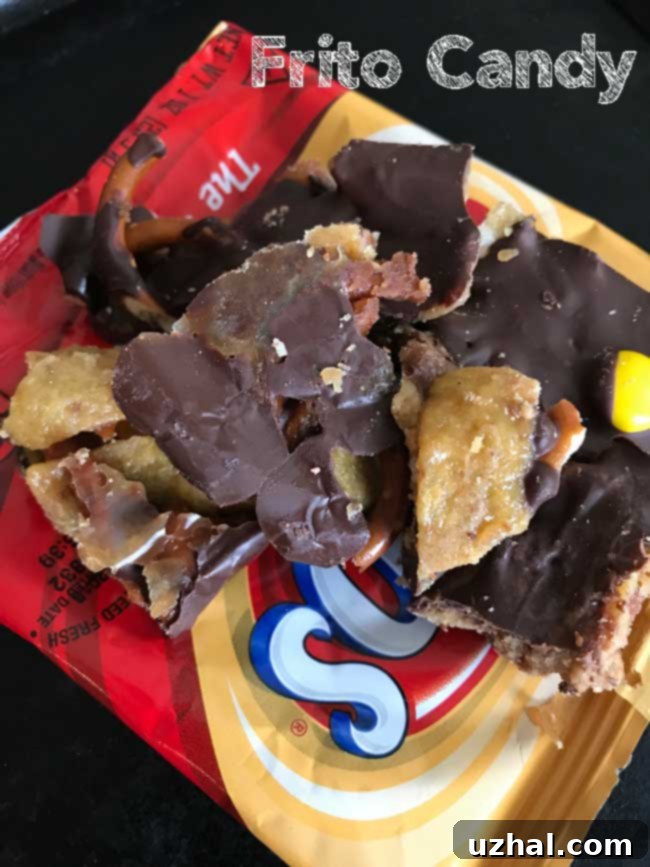 Close-up of Frito Candy, showcasing the salty and sweet combination