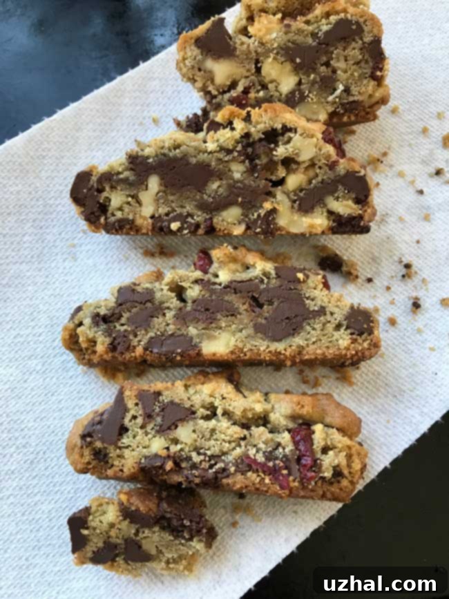 Walnut Rye Chocolate Chip Cookies sliced into biscotti