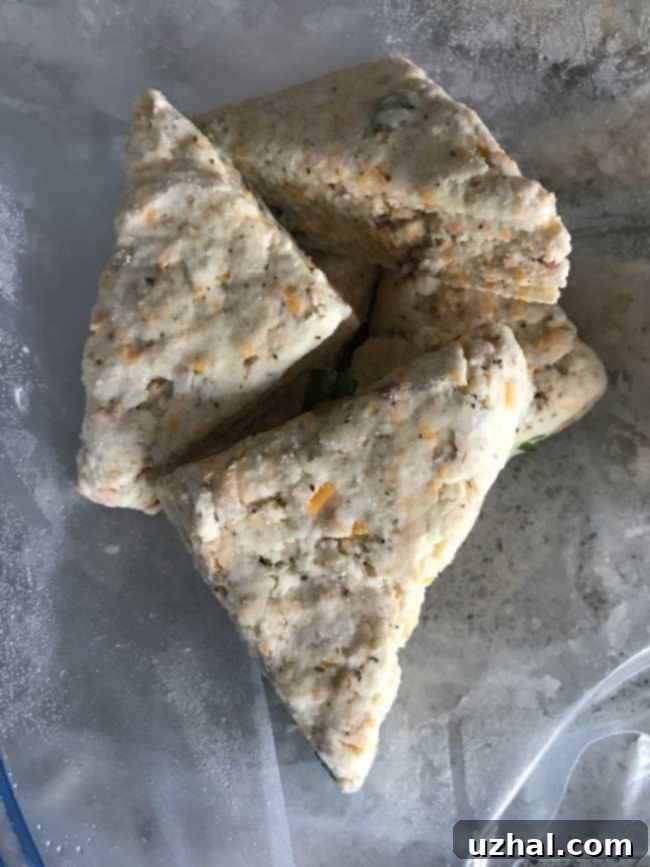 Pile of frozen Mini Cheddar Bacon Scones dough triangles in a container