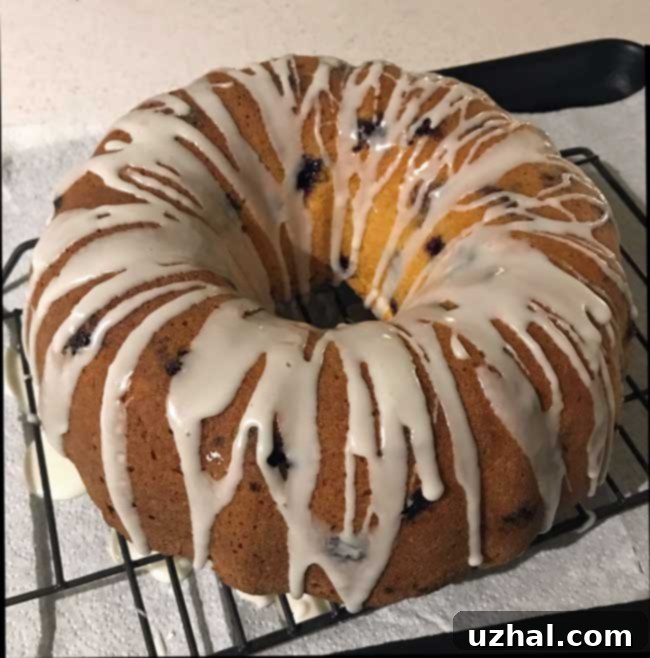 blueberry lime pound cake with glaze drizzled on top