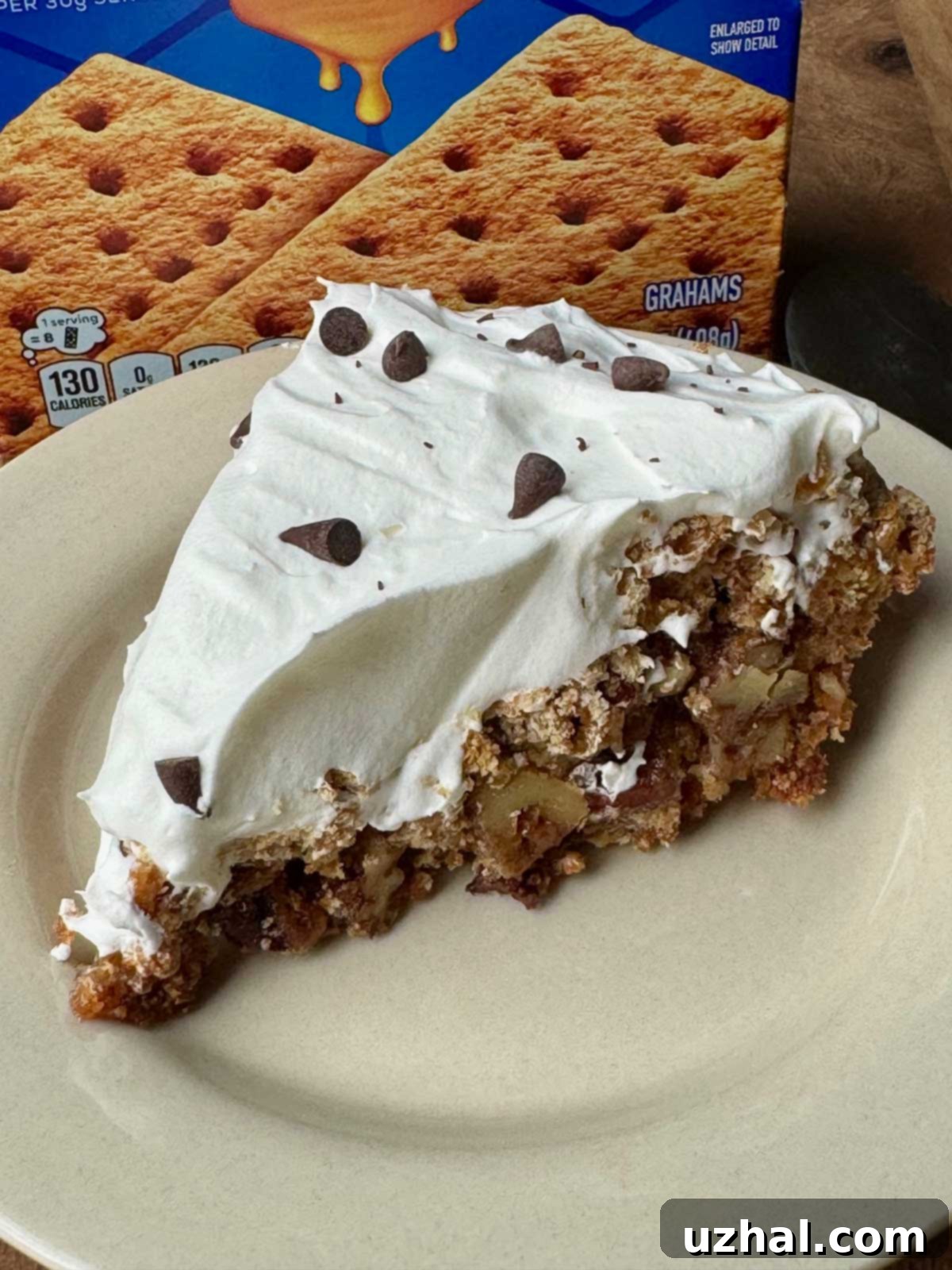 Graham Cracker Magic Pie 5 Close-up of a generous slice of Graham Cracker Surprise Pie, revealing its textured, nutty interior and fluffy whipped cream topping, ready to be enjoyed.