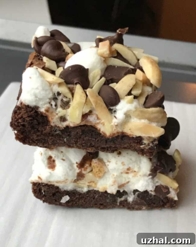 Close-up of the gooey, chocolatey interior of a Rocky Road Loaf Pan Brownie