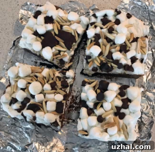 Overhead view of Rocky Road Loaf Pan Brownies, showing the melted marshmallows and chocolate