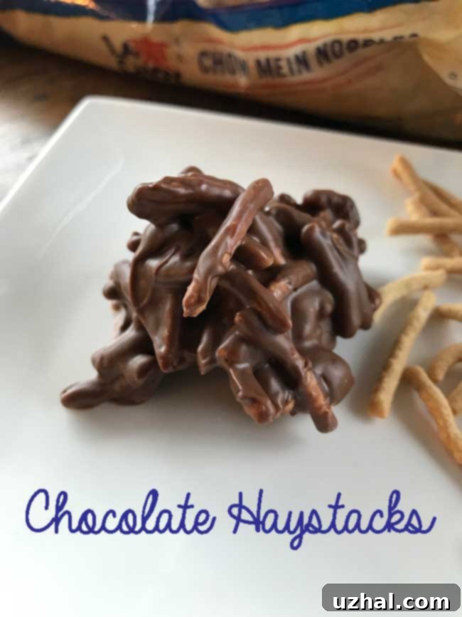 Classic Chocolate Haystacks, also known as Noodle Clusters, featuring crispy chow mein noodles coated in melted chocolate and butterscotch.