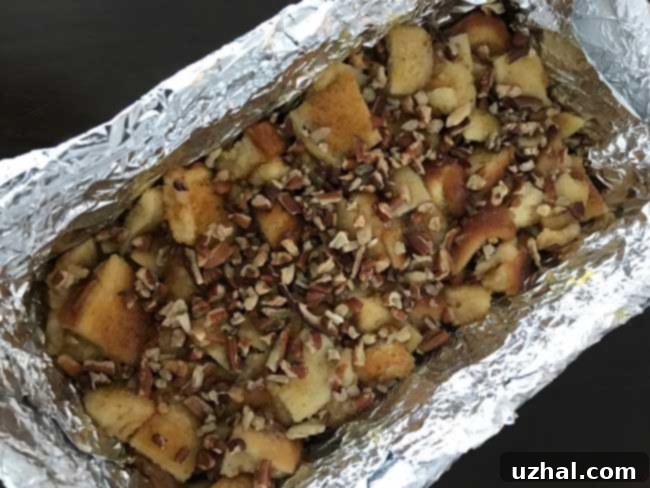 Close-up of Pecan Pie Bread Pudding with a chewy crust