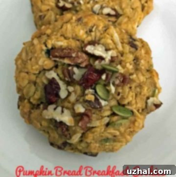 Overhead view of a batch of freshly baked Pumpkin Bread Breakfast Cookies on a plate