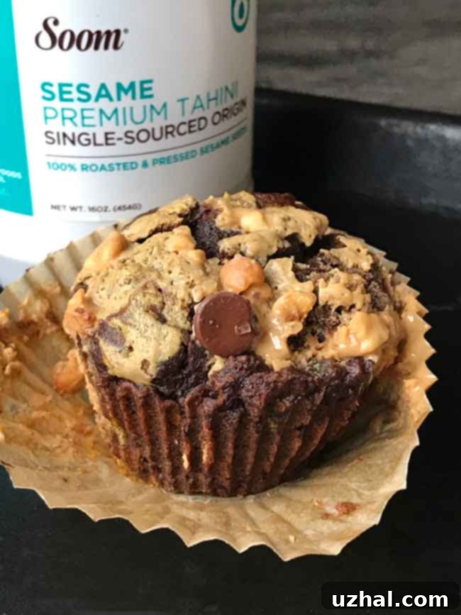 Aquafaba Chocolate Pumpkin Muffins with a delicious tahini peanut butter swirl on top