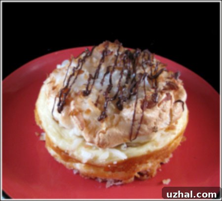 A top-down view of a miniature coconut macaroon cheesecake, ready to be sliced