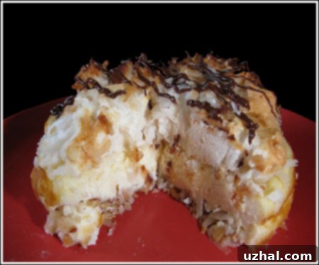 A slice of miniature coconut macaroon cheesecake, showing clear layers of crust, filling, and meringue
