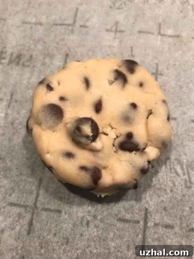 Portioned and flattened chocolate chip cookie dough rounds ready for chilling before baking.