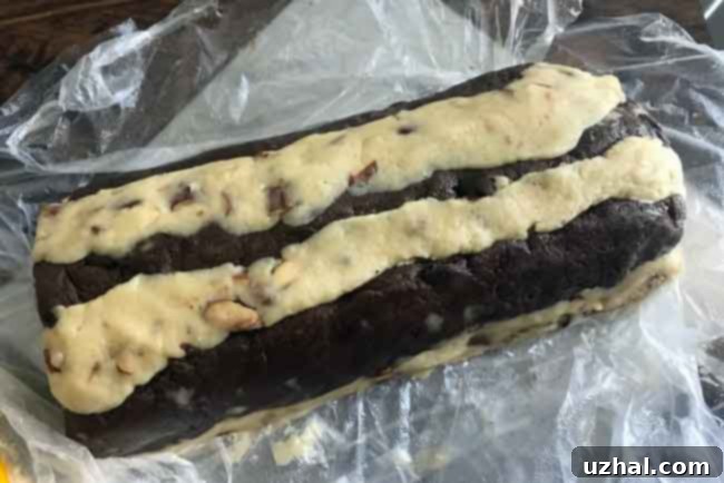 Checkered biscotti dough log ready for its first bake.